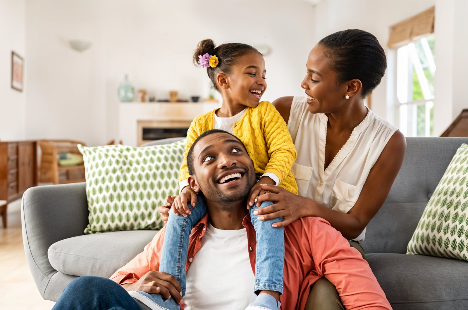 A family sitting together on a sofa at home, laughing